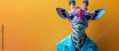 Giraffe in a suave blue blazer and shirt with face blurred, showcasing contemporary animal fashion