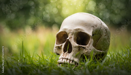 Skull in green grass. Natural landscape.