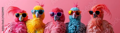 Five colorful parrots sporting stylish sunglasses set against a vibrant pink background, exuding playfulness