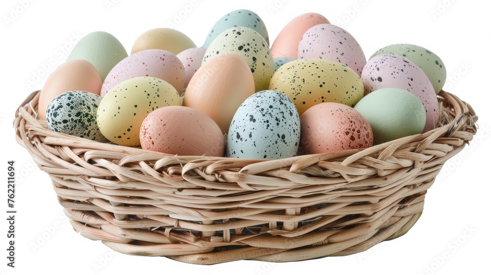 A woven basket holding a multitude of Easter eggs in pastel shades, isolated on a white background with a clipping path included for precision A woven basket holding a multitude of Easter eggs in pastel shades, isolated on a white background with a clipping path included for precision