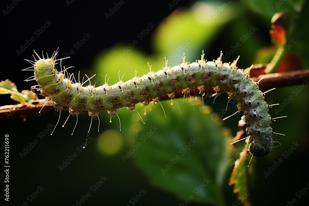 Fototapeta premium Green caterpillar munching on vibrant leaf, showcasing details of its tiny mandibles and colorful body. Generative AI