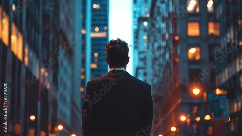 Businessman Standing in City at Night