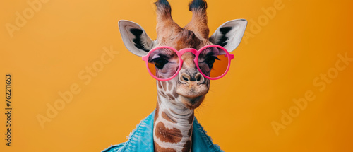 Close-up of a giraffe with stylish pink sunglasses and a scarf, a burst of colors and fun © Daniel