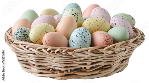 A woven basket holding a multitude of Easter eggs in pastel shades, isolated on a white background with a clipping path included for precision