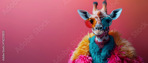 A digitally manipulated image of a giraffe wearing sunglasses and colorful faux fur, symbolizing quirkiness and eccentricity photo