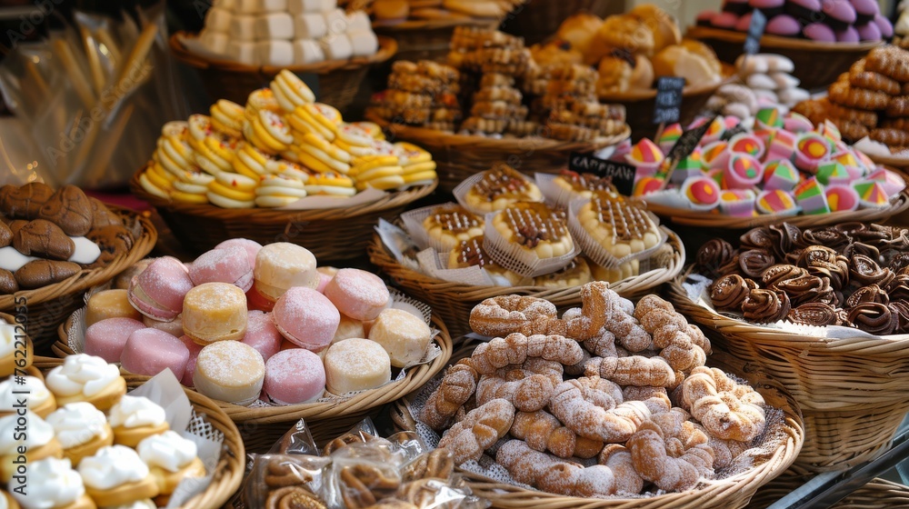 An assortment of various sweet Spanish treats, attractively displayed in wicker baskets at a local Barcelona market stall