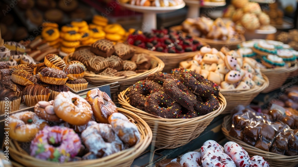 An assortment of various sweet Spanish treats, attractively displayed in wicker baskets at a local Barcelona market stall