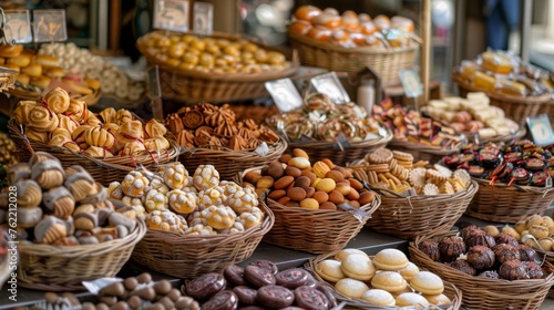 An assortment of various sweet Spanish treats, attractively displayed in wicker baskets at a local Barcelona market stall photo