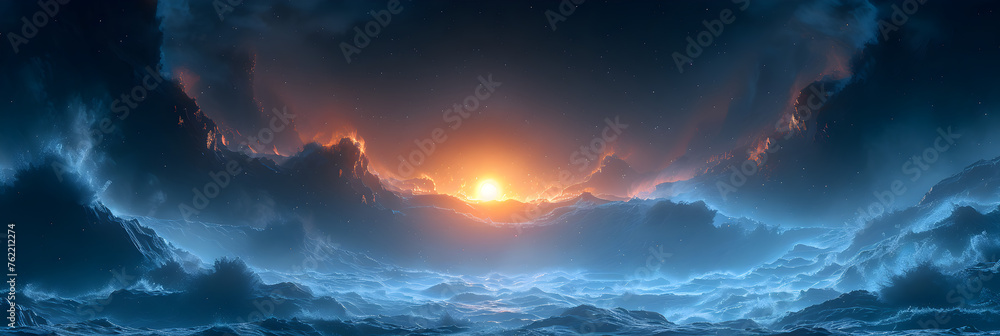 Wrathful chasm unleashed digital art illustration,
Beautiful night landscape with a ship a ship with a sea a background with waves
 - obrazy, fototapety, plakaty 