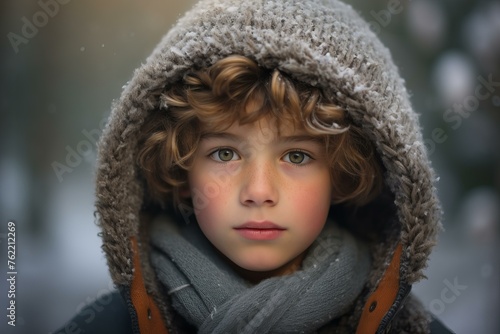 Rugged Portrait of boy in blue winter clothes. Little child posing in warm clothing on breeze background. Generate ai