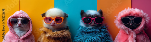 A humorous lineup of animals wearing vibrant furry coats against a multicolor backdrop © Daniel