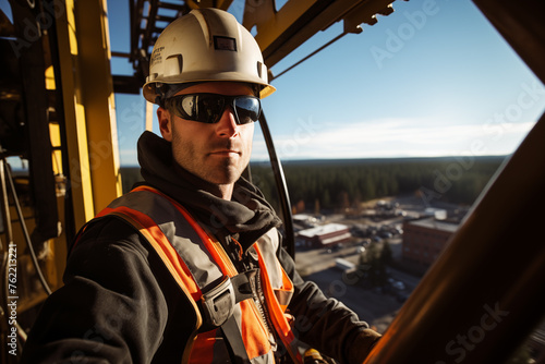 Construction crane operator high above ground, captured in candid moment as he focus intently on task. Generative AI photo