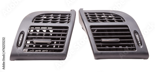 A close-up view of a part of the interior of a modern car with a view of the ventilation deflector of the heater for heating and cooling the passenger compartment. Used auto part catalog from junkyard