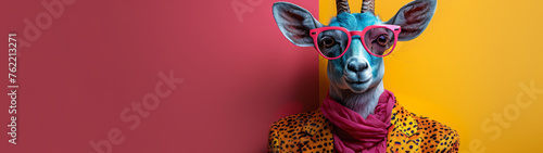 This giraffe dons trendy glasses and a colorful scarf  presenting a whimsically fashionable aesthetic against a red backdrop