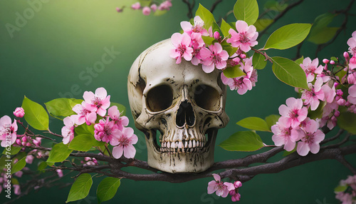 Skull on tree branch with pink flowers. Floral twigs. Spring season. Life and death. Natural backdrop.