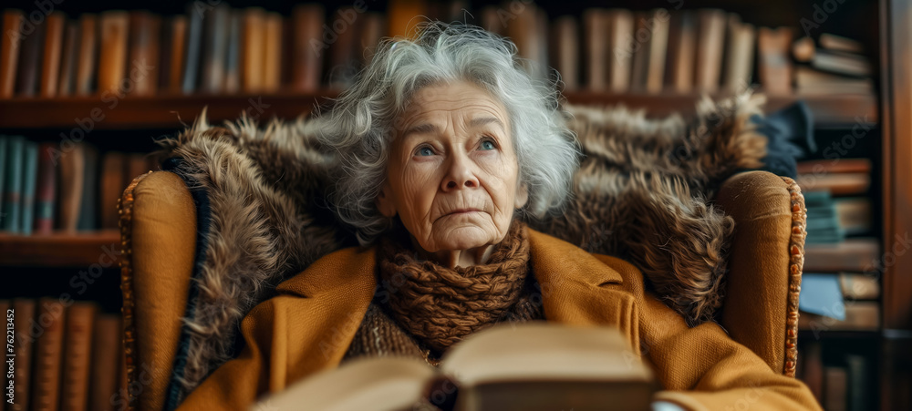 Elderly woman reflecting with open book in plush library chair