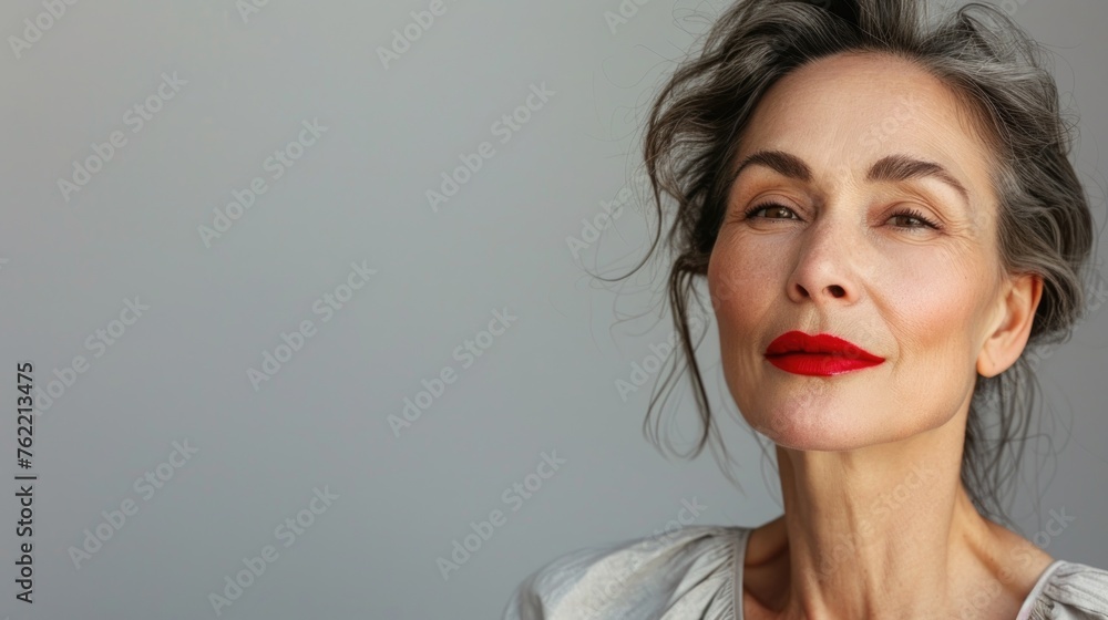 A mature woman's close-up portrait with red lipstick, aging model, beauty. Menopause. Confident senior businesswoman. Red lipstick and elegance. Natural skin A mature woman's close-up portrait with red lipstick, aging model, beauty. Menopause. Confident senior businesswoman. Red lipstick and elegance. Natural skin