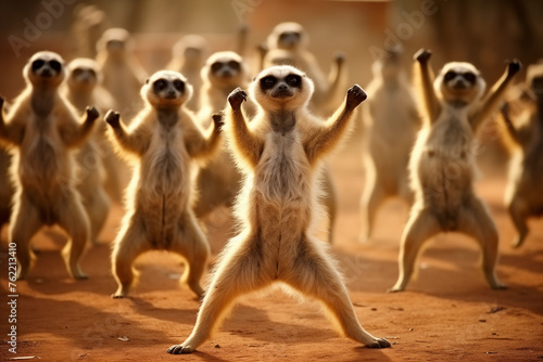 Funny dancing lemurs in desert. Generative AI photo