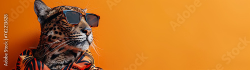 A leopard with sunglasses posing in an urban style outfit against an orange background photo