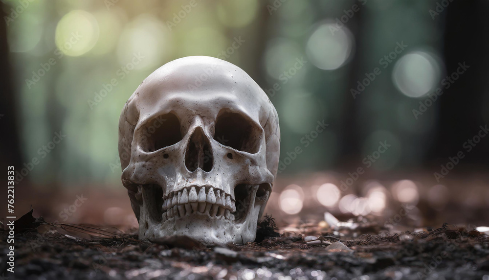 Skull on the ground in forest. Moody scenery. Dark background. Skull on the ground in forest. Moody scenery. Dark background.