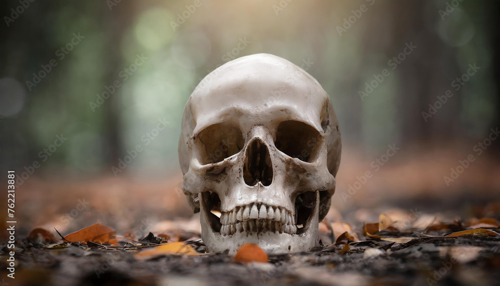Skull on the ground in forest. Moody scenery. Dark background. Skull on the ground in forest. Moody scenery. Dark background.