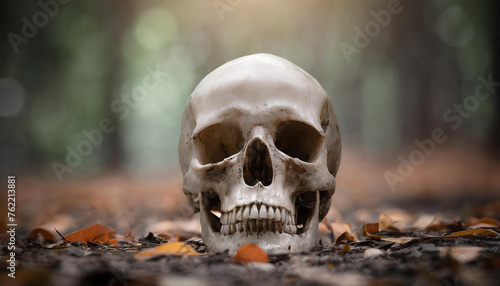 Skull on the ground in forest. Moody scenery. Dark background.