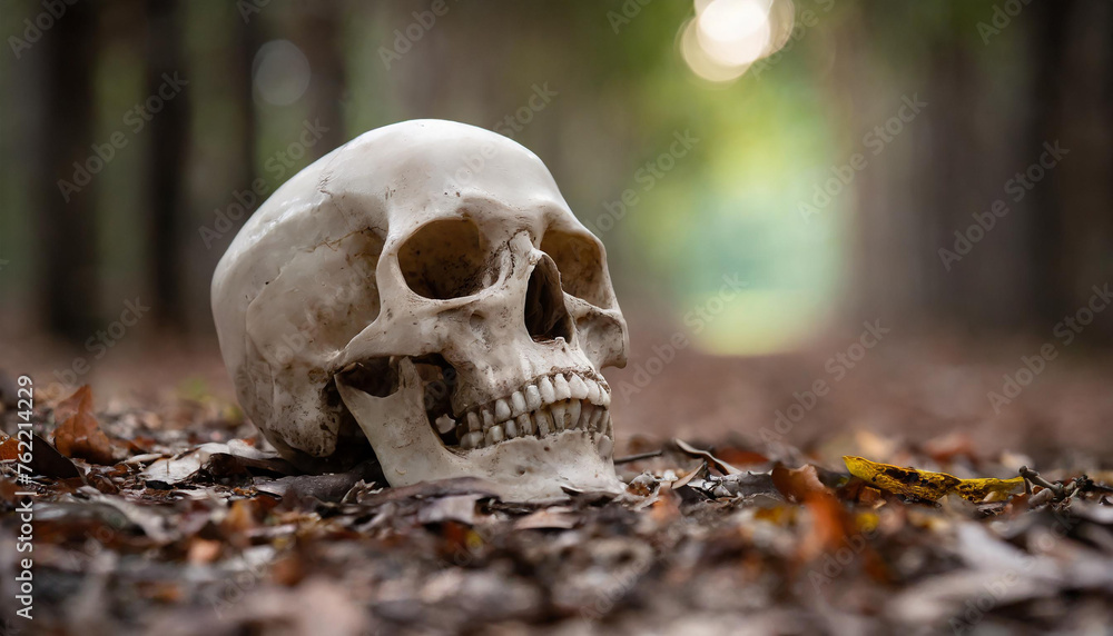 Skull on the ground in forest. Moody scenery. Dark background. Skull on the ground in forest. Moody scenery. Dark background.