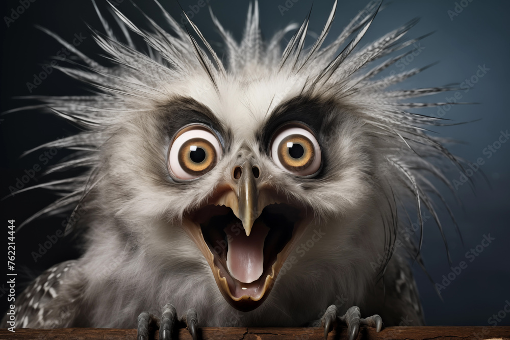 Amazed grey owl portrait. Generative AI
