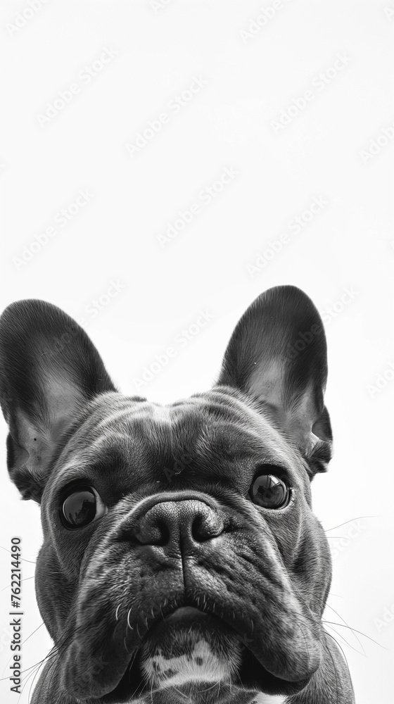Digital photo of a French bulldog who is tired and lying, a bulldog on a white background in the background you need to leave space for text