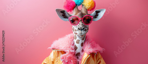 An engaging photo of a giraffe in a party hat and colorful outfit, embodying celebration and style