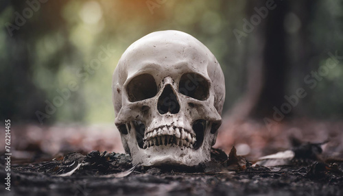 Skull on the ground in forest. Moody scenery. Dark background.