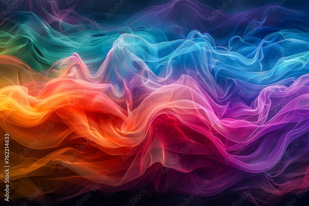 Obraz premium Abstract Colorful Smoke Waves Flowing on Black Background - Vivid Multicolored Design for Creative Projects and Backgrounds