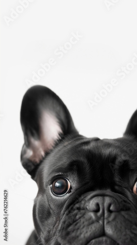Digital photo of a French bulldog who is tired and lying, a bulldog on a white background in the background you need to leave space for text © Natali