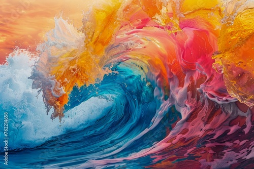 Abstract Colorful Wave Painting with Vibrant Pink, Yellow, and Blue Swirls – Artistic Ocean Wave Illustration