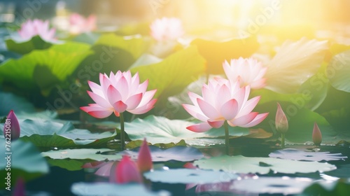 Group of Pink Water Lilies Floating on Lake