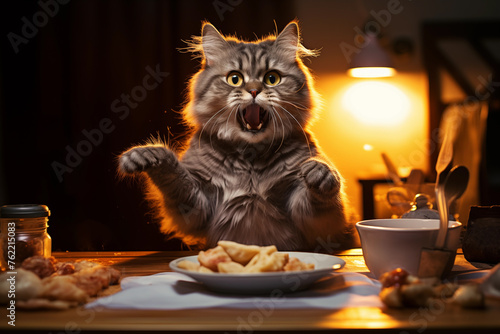 Cute hungry cat savoring homemade food in a living room in the evening. Generative AI