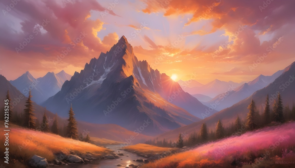 breathtaking beauty of a mountain sunset, where the sky transforms into a canvas of vibrant hues, painting the landscape with a mesmerizing display of colors