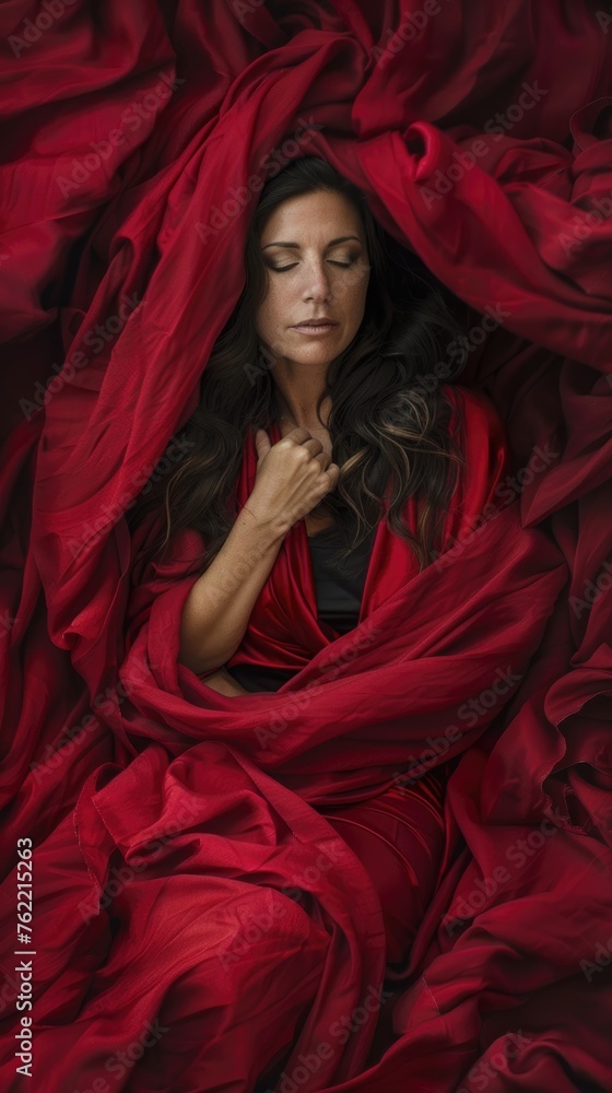 A mature woman enveloped in a translucent red veil, her eyes reflecting an ethereal mystique and a lifetime of stories, depth and vitality A mature woman enveloped in a translucent red veil, her eyes reflecting an ethereal mystique and a lifetime of stories, depth and vitality