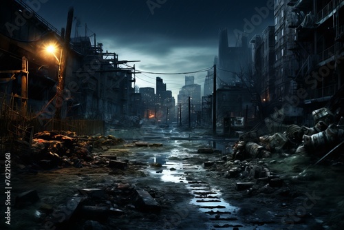 Crumbling Post apocalyptic city. Ruin war disaster. Generate Ai