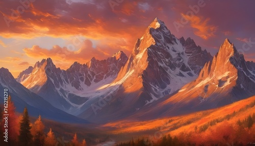 breathtaking beauty of a mountain sunset, where the sky transforms into a canvas of vibrant hues, painting the landscape with a mesmerizing display of colors