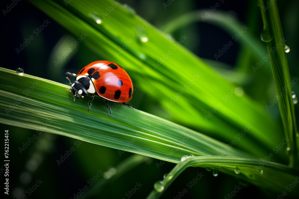 Obraz premium Red ladybug perched on a blade of grass, its bright red shell contrasting against the lush green leaf. Generative AI