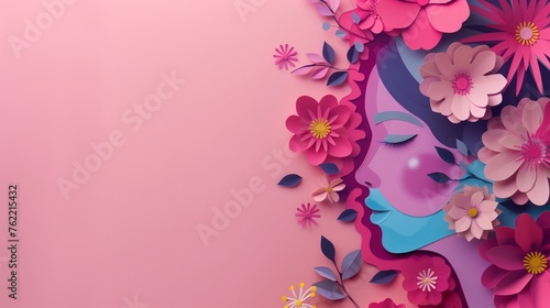 Illustration of face and flowers style paper cut with copy space for international women's day