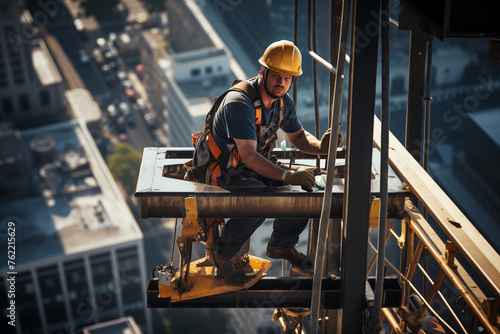 Confident construction industrial foreman working high with beautiful view on modern city. Generative AI