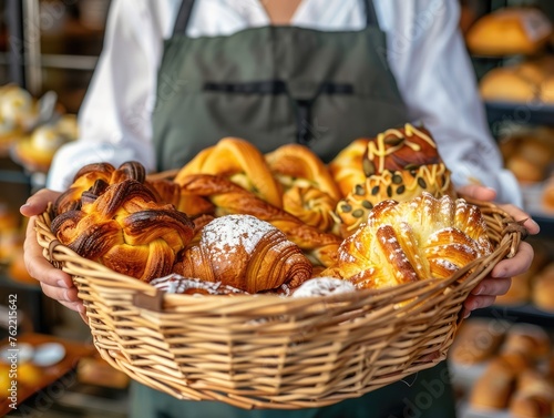 Close-up woman holding wicker basket with many different pastries