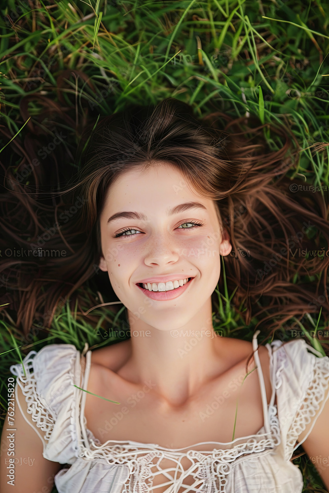 A beautiful model lying on a grass field A beautiful model lying on a grass field