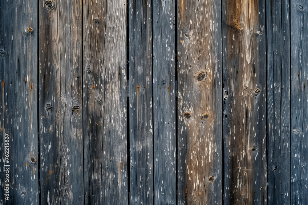 Fototapeta premium Weathered wooden planks with peeling blue paint, textured background. Vintage wood paneling concept for design and print. Rustic and distressed wood surface with history and character