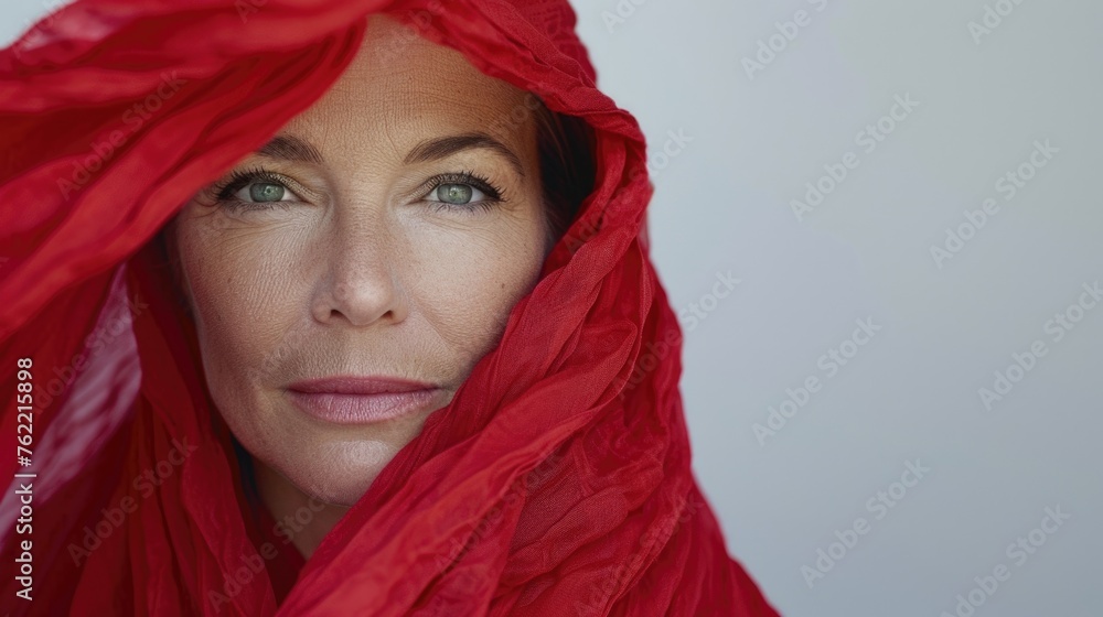 A woman exudes elegance and serene contemplation, enveloped in the luxurious folds of a scarlet fabric or wrapped in a red silk scarf. World Menopause Day. Menopause skincare, beauty and wellbeing A woman exudes elegance and serene contemplation, enveloped in the luxurious folds of a scarlet fabric or wrapped in a red silk scarf. World Menopause Day. Menopause skincare, beauty and wellbeing