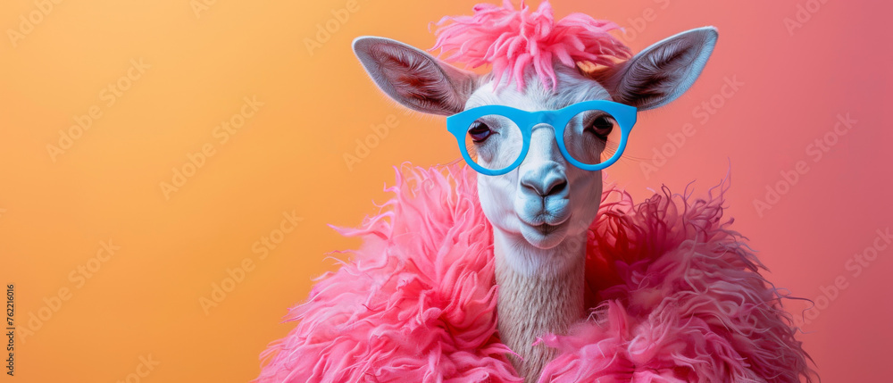 Llama adorned with funky accessories radiating a vibrant, fun persona against a vivid background