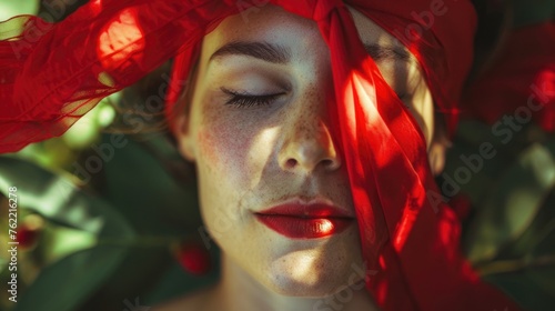 The soft focus on a mature woman's face draped in red silk captures her enigmatic beauty and the serene ambience of a green backdrop. World Menopause Day