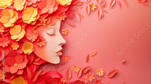 Illustration of face and flowers style paper cut with copy space for international women's day © midart